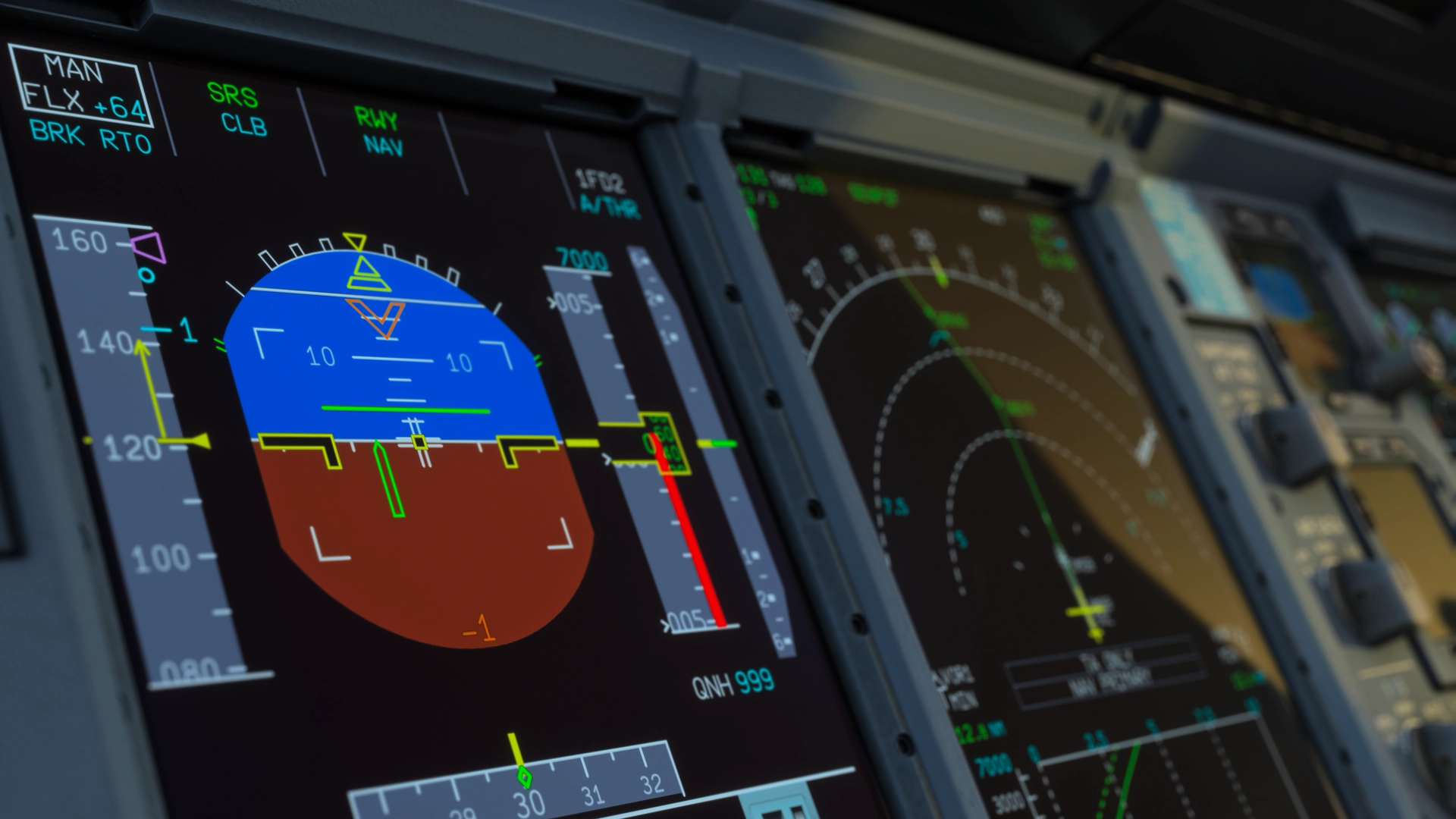 A close-up of the Primary Flight Display (PFD) with the Navigation Display (ND) in the background.