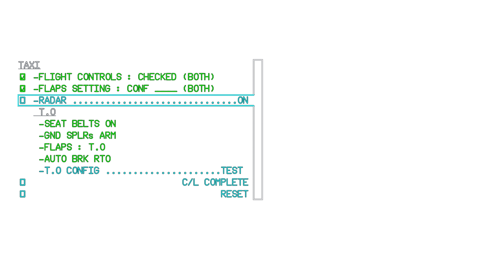 A graphic of the TAXI checklist on the Electronic Centralised Aircraft Monitor (ECAM) display.