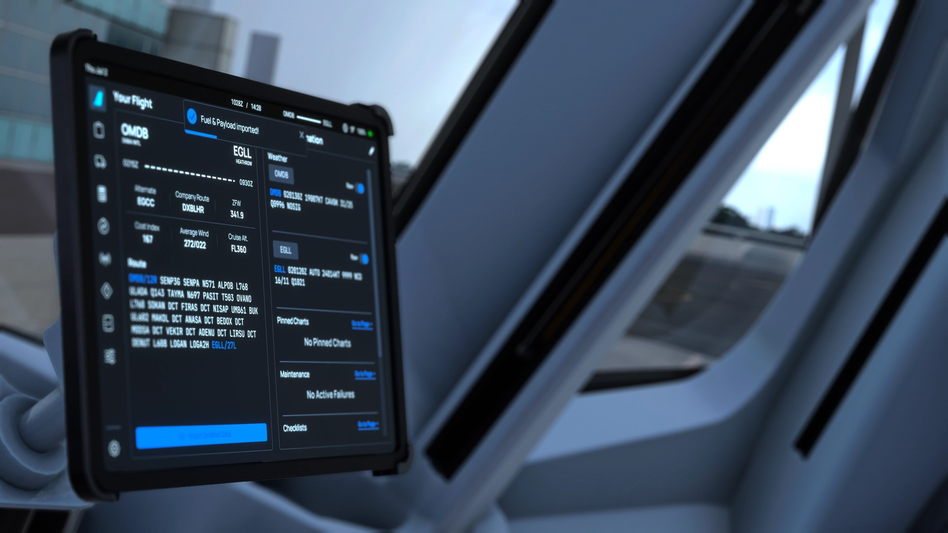 An image of the onboard Electronic Flight Bag (EFB) running FlyByWire's flyPadOS.