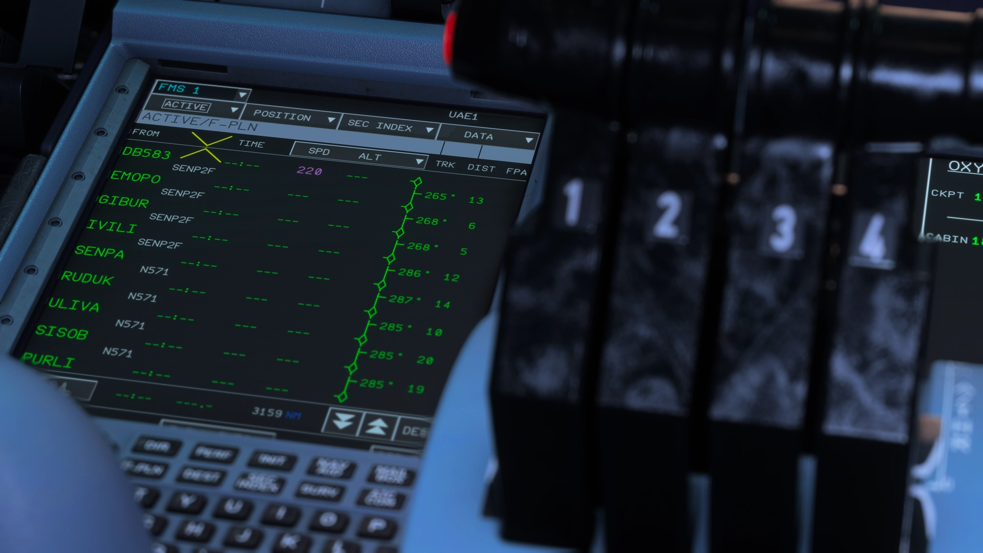 A close-up of the Multi-Function Display (MFD) on the F-PLN page.