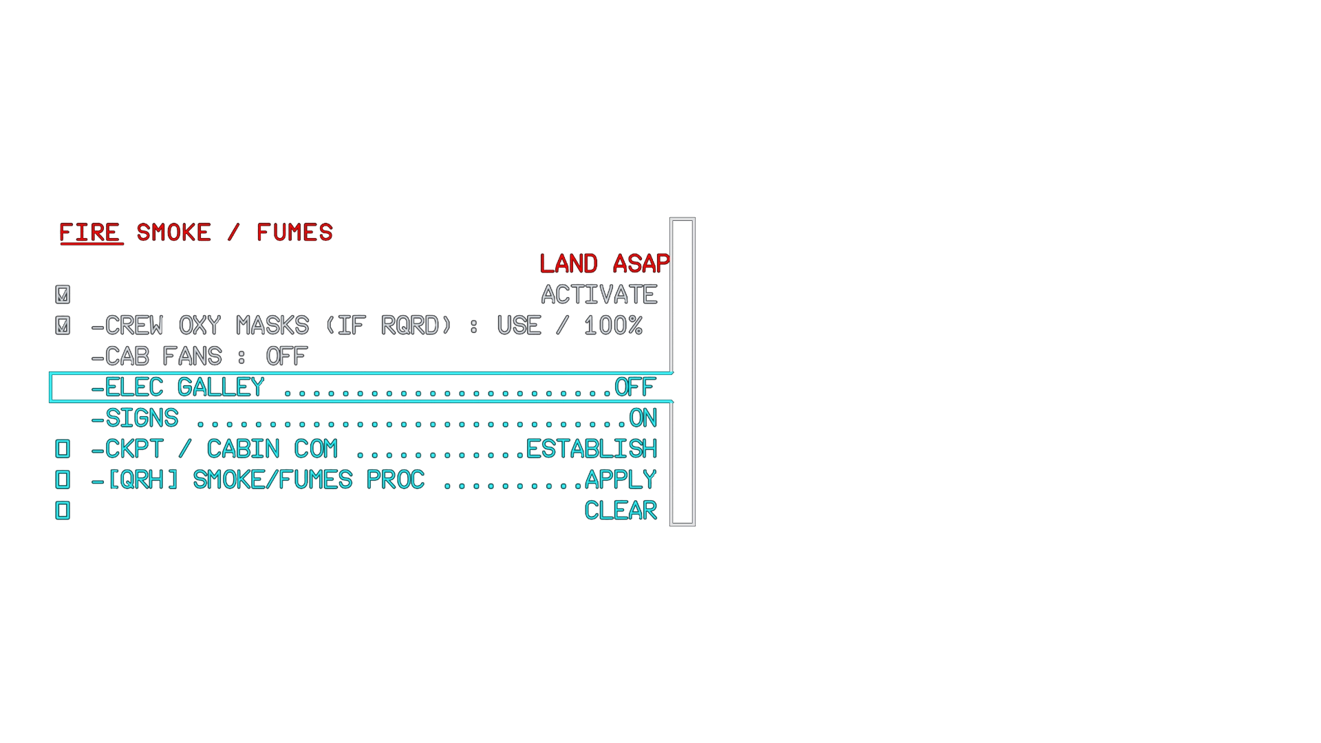 A graphic of the FIRE SMOKE/FUMES Abnormal Procedure (ABN PROC) checklist.
