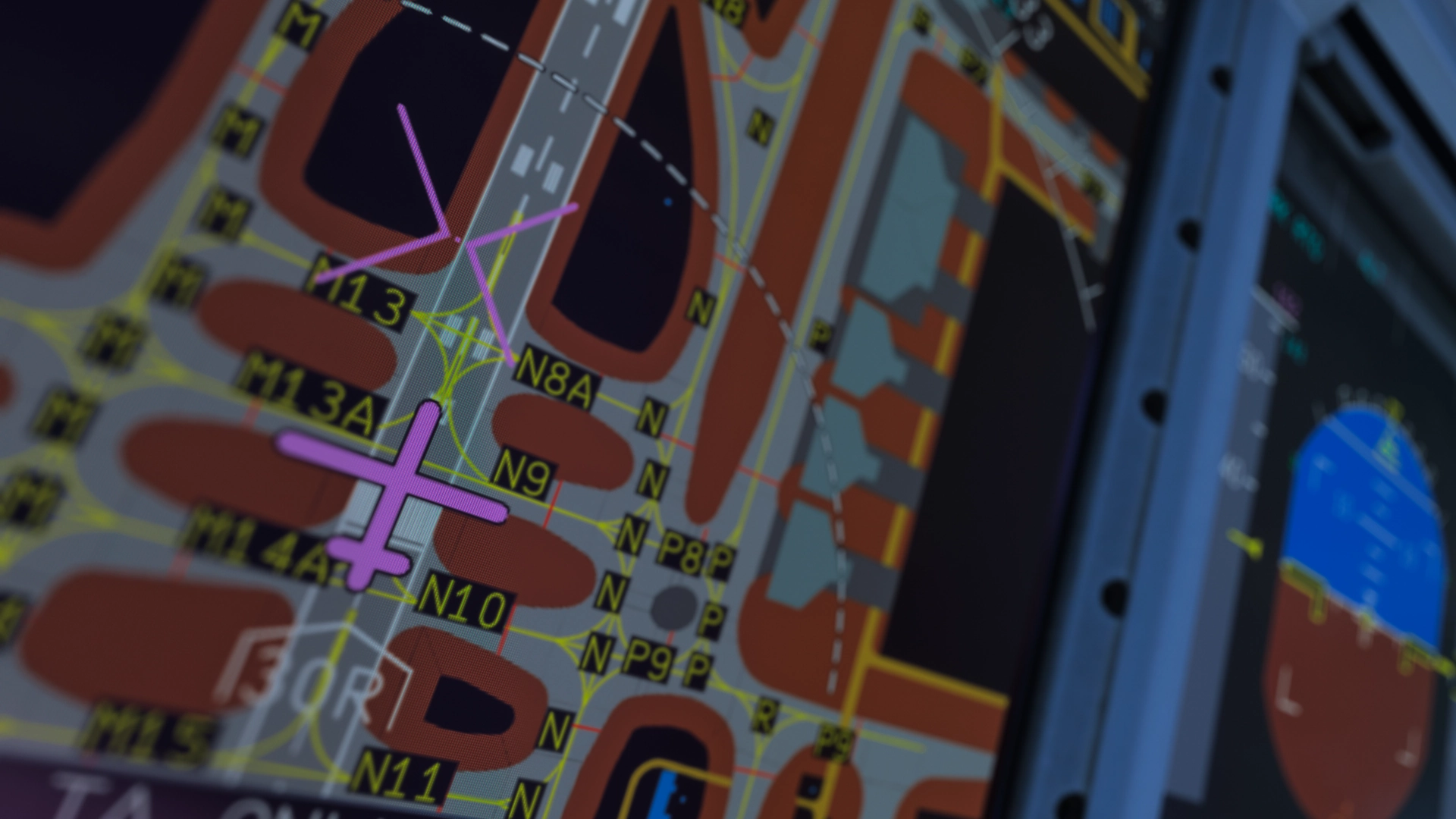 A close-up of the Onboard Airport Navigation System (OANS) with the aircraft lined up on runway 30R.