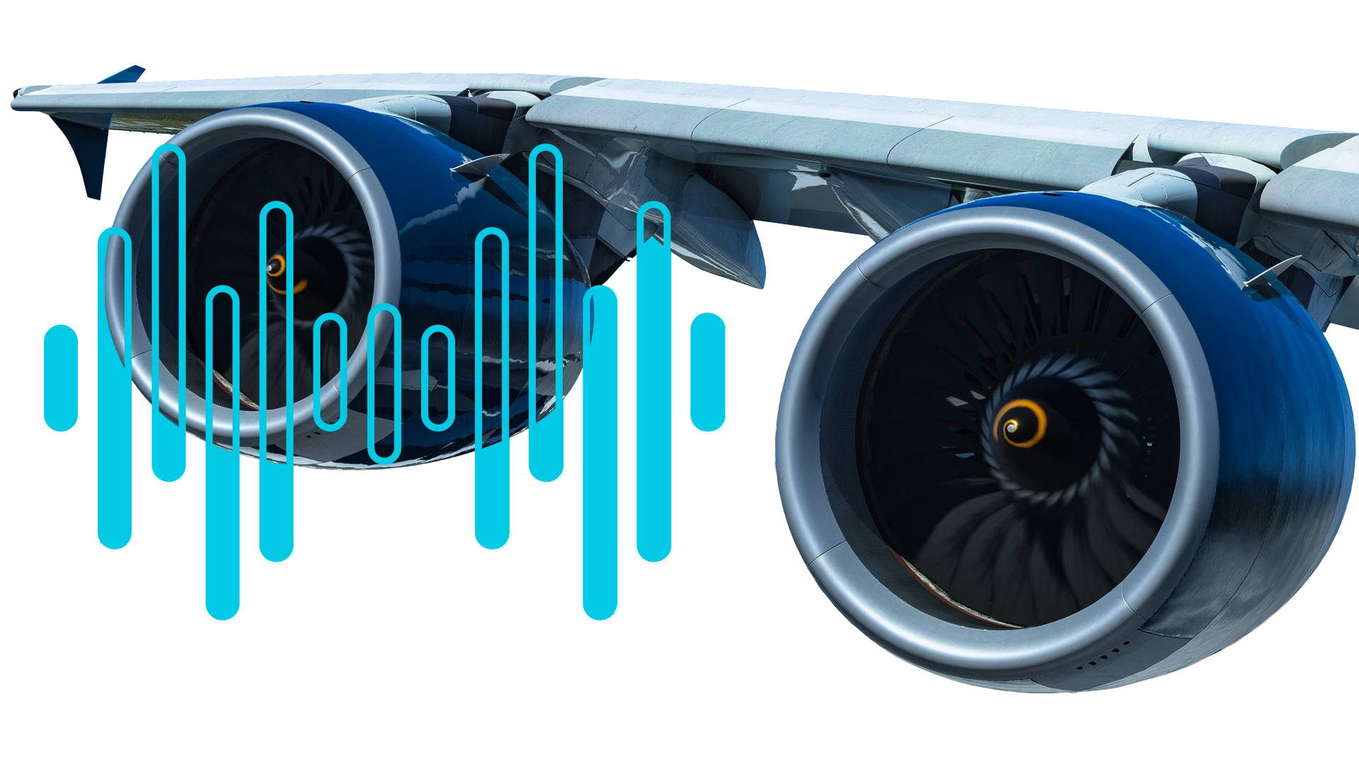An image of the A380X's massive engines with a soundwave graphic overlaid on top.