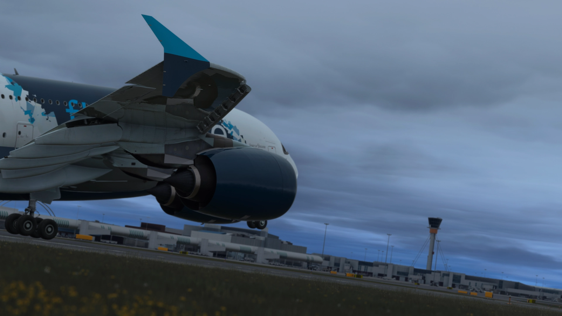 An image of the A380X rotating into the air, with a focus on the aircraft's wing flex as it achieves lift.